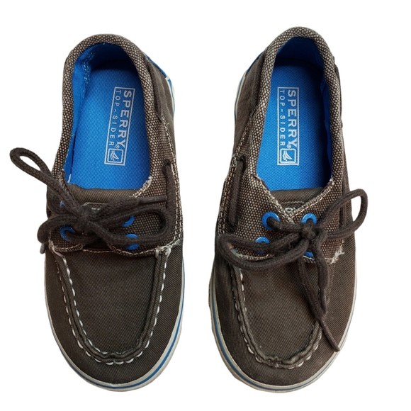 Sperry Top-Sider Boys Boat Shoes Size 11M Brown Canvas Blue Accents Tie Laces - Picture 2 of 9